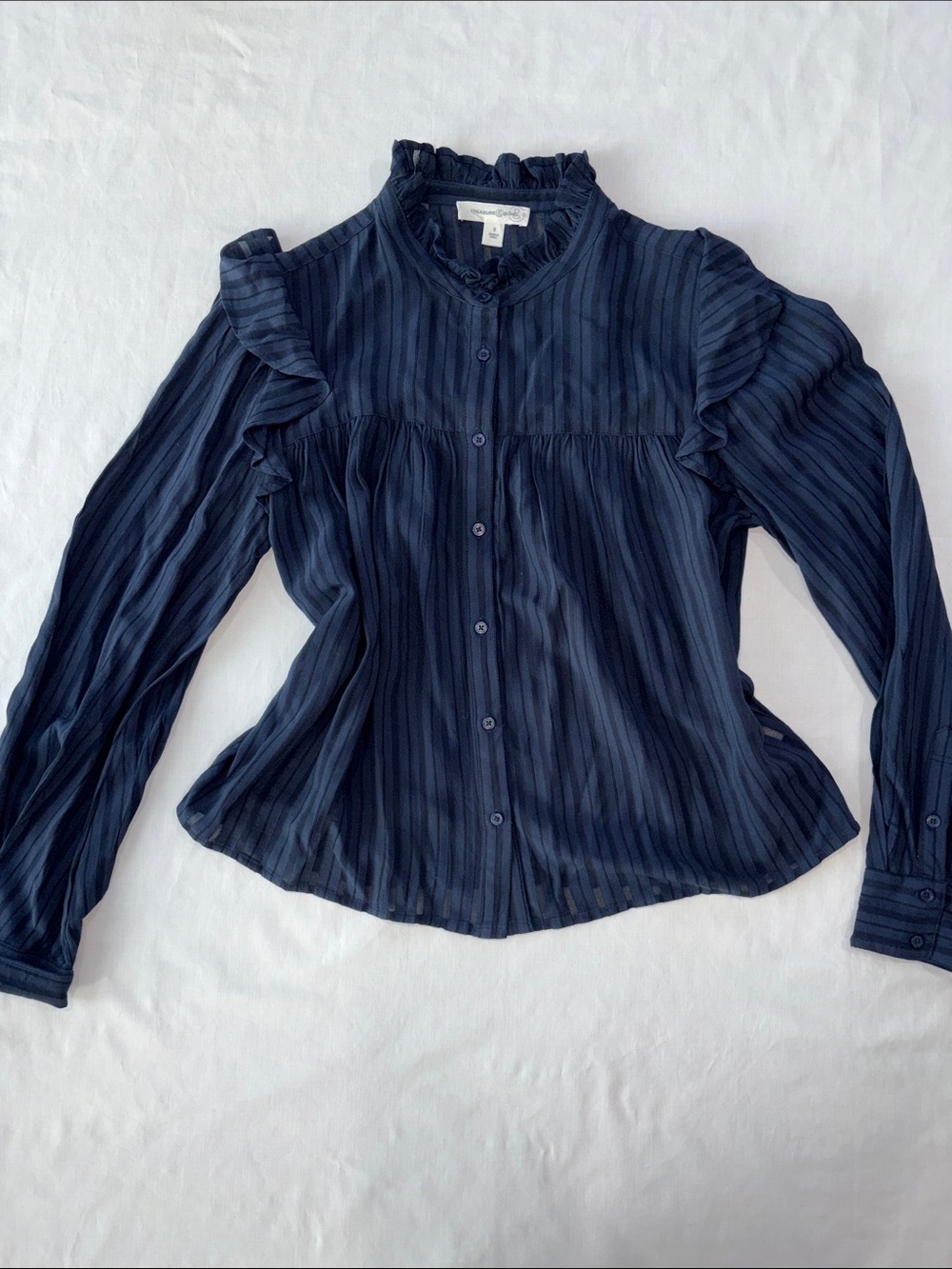 Treasure & Bond Navy Striped Ruffle-Yoke Button Down Blouse